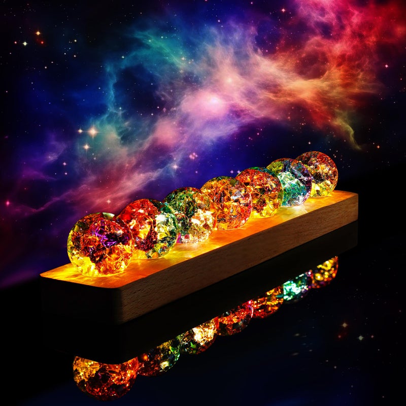 KRISININE 7pcs Colorful Healing Spheres for Meditation Crystal Cracked Balls with LED Wooden Stand Night Light Decoration Balls Set for Home